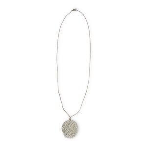 Faux Pearl Pendant Necklace Woven Disc Gold Tone Delicate Chain 34" Fairy Twee